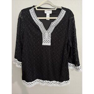 ALFRED DUNNER Black/White Solid Black Diamond Print With Open Knit Sleeves L